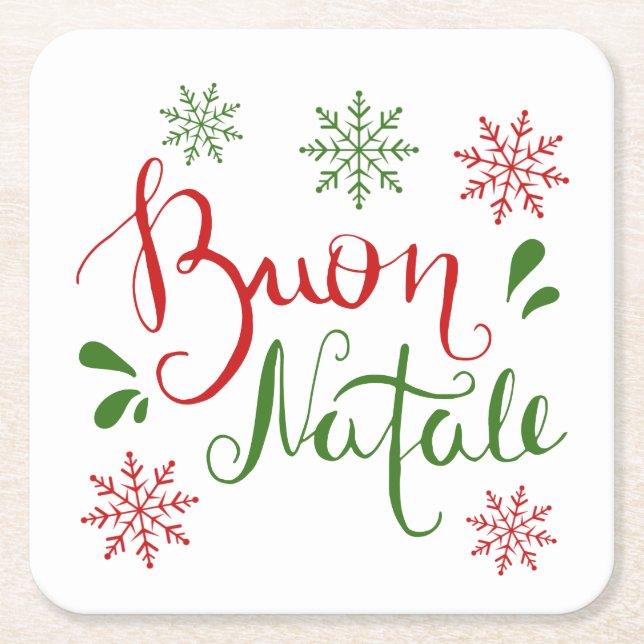Italian Red Green Merry Christmas Square Paper Coaster (Front)