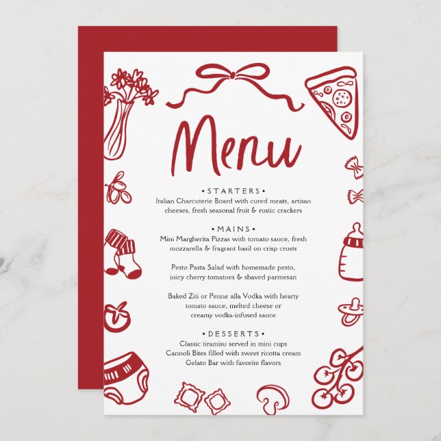 Italian Red Hand Drawn Pizza Pasta Baby Shower Menu (Front/Back)