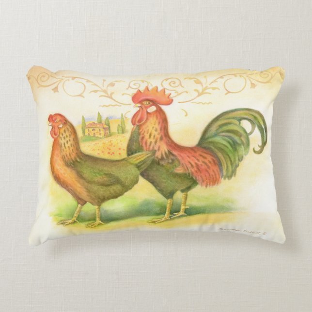 Italian rooster and hen villa in background decorative cushion (Front)