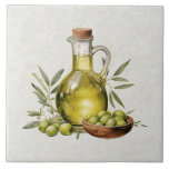 Italian Rustic Tuscany Olive Oil Bottle Watercolor Tile<br><div class="desc">Italian ceramic tile Watercolor bottle of olive oil ,  olives  and branches in a beige texture background,  in tuscan style. Mediterranean kitchen decor tile,  italian kitchen inspiration,  decorative tile design,  rustic Italian backsplash,  mediterranean kitchen aesthetic.</div>