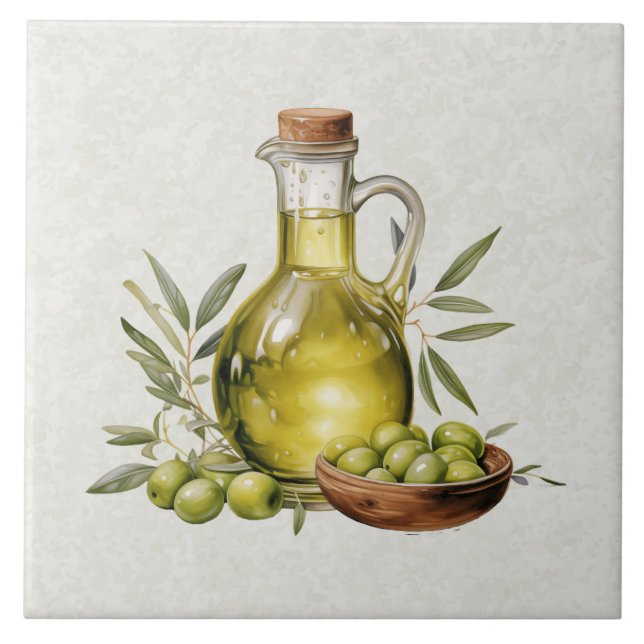 Italian Rustic Tuscany Olive Oil Bottle Watercolor Tile (Front)