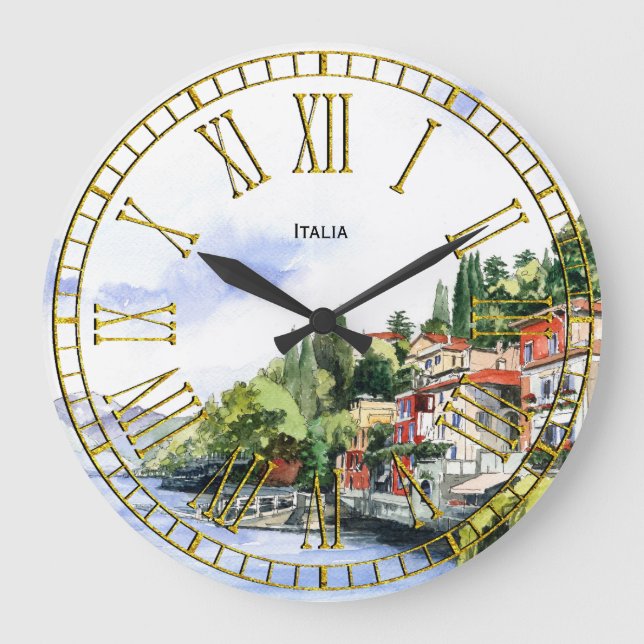 Italian Seacoast Watercolor Your Text Large Clock (Front)