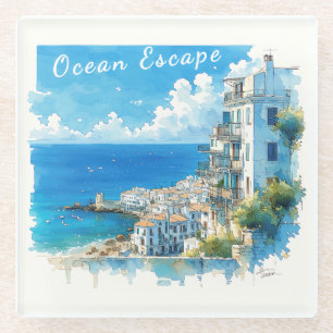 Italian Seaside Town Watercolor Ocean Escape Glass Coaster
