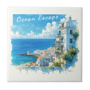 Italian Seaside Town Watercolor Ocean Escape Tile