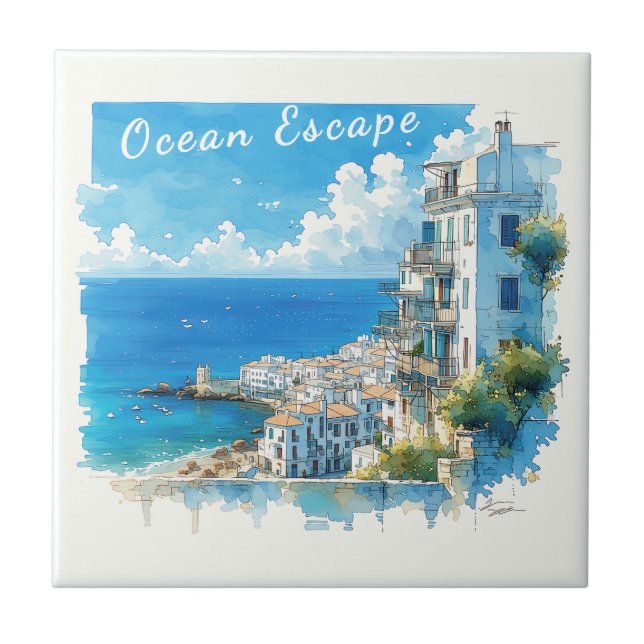 Italian Seaside Town Watercolor Ocean Escape Tile (Front)