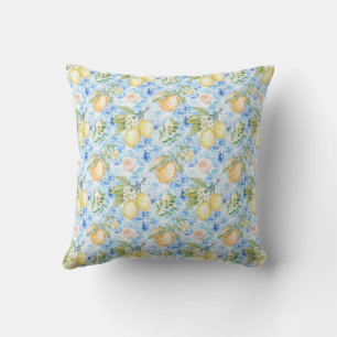 Italian Sicilian Blue Tile Yellow Lemon Watercolor Cushion