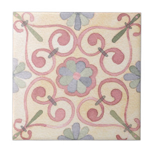 Italian Spanish Majolica Mediterranean Floral Pink Tile