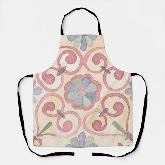 Italian Spanish Majolica Pink Floral Watercolor Apron (Front)