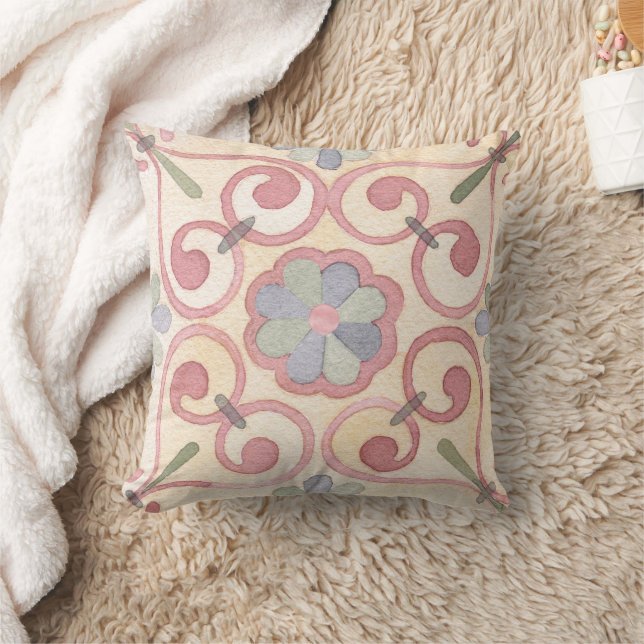 Italian Spanish Majolica Pink Floral Watercolor  Cushion (Blanket)