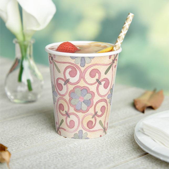 Italian Spanish Majolica Pink Floral Watercolor  Paper Cups (Insitu)