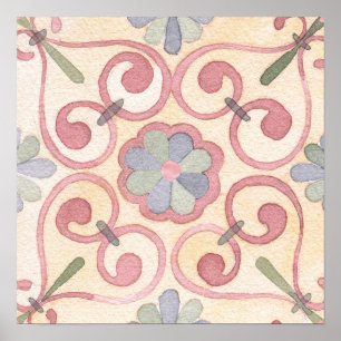 Italian Spanish Majolica Pink Floral Watercolor Poster