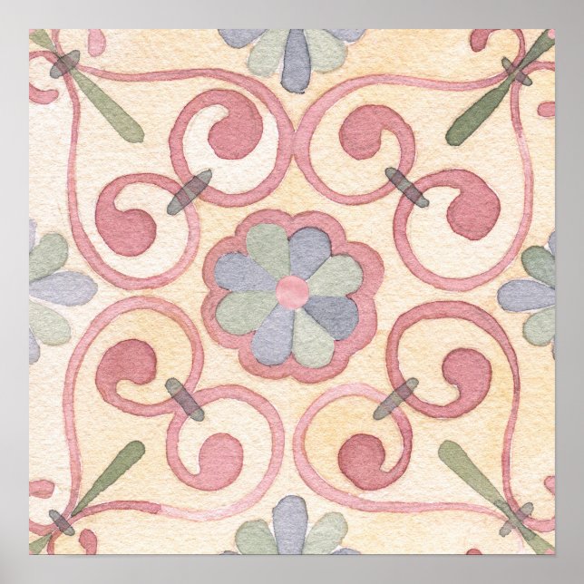 Italian Spanish Majolica Pink Floral Watercolor Poster (Front)