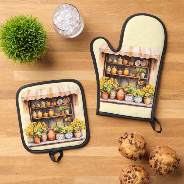 Italian Spring Clipart Oven Mitt & Pot Holder Set (Top Down)