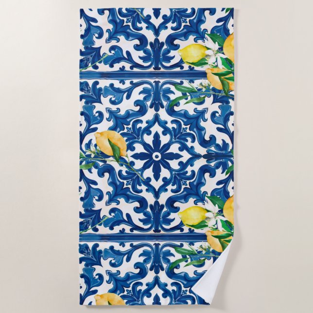 Italian style,Mediterranean,mosaic,blue,lemon, Beach Towel (Front)