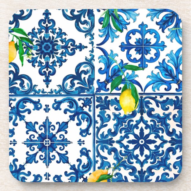 Italian style,Mediterranean,mosaic,blue,lemon, Coaster (Front)