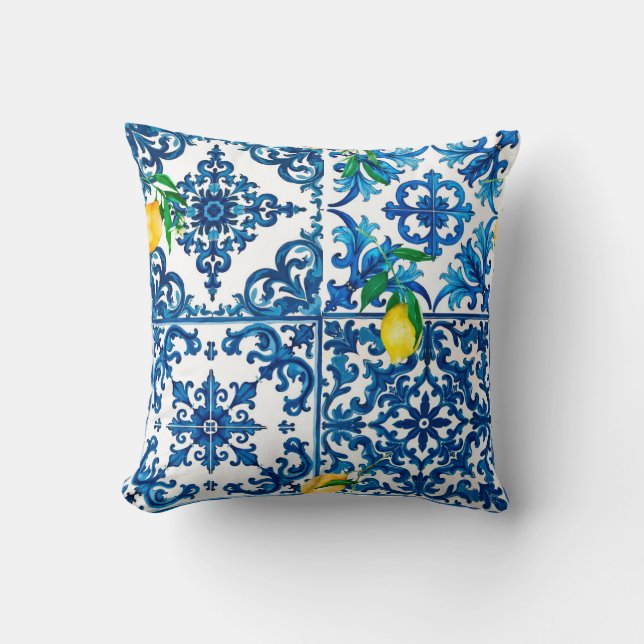 Italian style,Mediterranean,mosaic,blue,lemon, Cushion (Front)