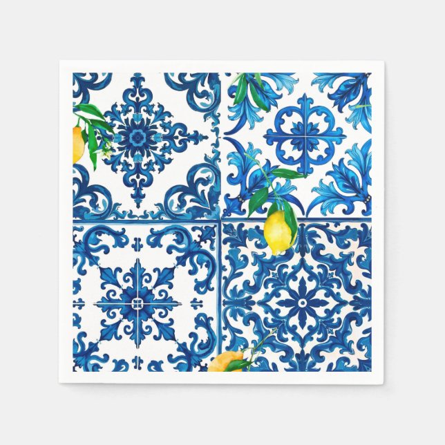 Italian style,Mediterranean,mosaic,blue,lemon, Napkin (Front)