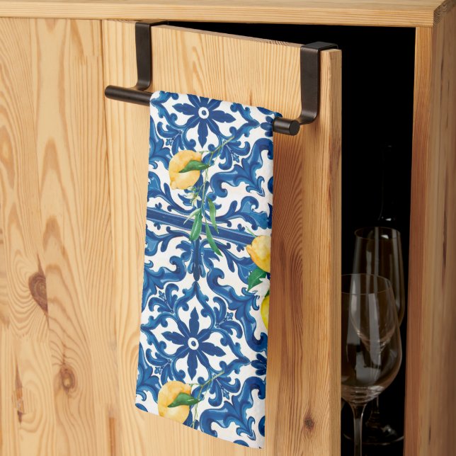 Italian style,Mediterranean,mosaic,blue,lemon, Tea Towel (Thirds Fold)