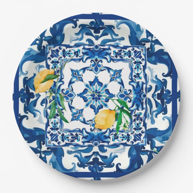 Italian style,Mediterranean,mosaic,blue, Paper Plate (Front)