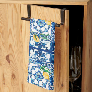 Italian style,Mediterranean,mosaic,blue, Tea Towel
