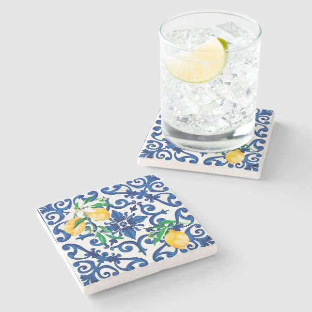 Italian style,mosaic,blue,lemon, stone coaster (Side)