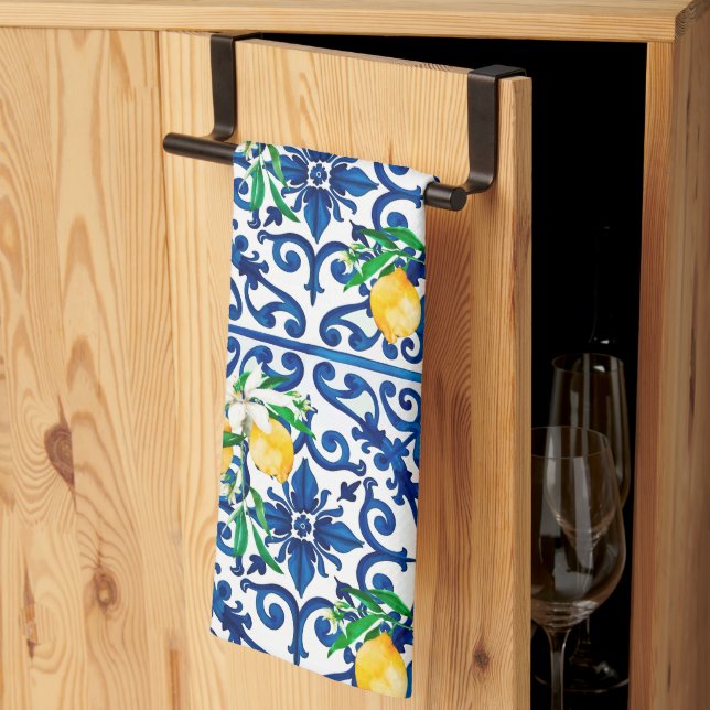 Italian style,mosaic,blue,lemon, tea towel (Thirds Fold)