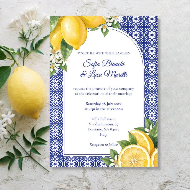 Italian Summer Amalfi Lemon Blue Tile Wedding Invitation (Italian Summer Amalfi Lemon Blue Tile Wedding Invitation)
