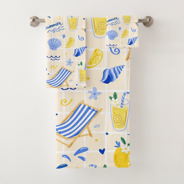 Italian Summer Lemon Beach Pattern Bath Towel Set (Insitu)