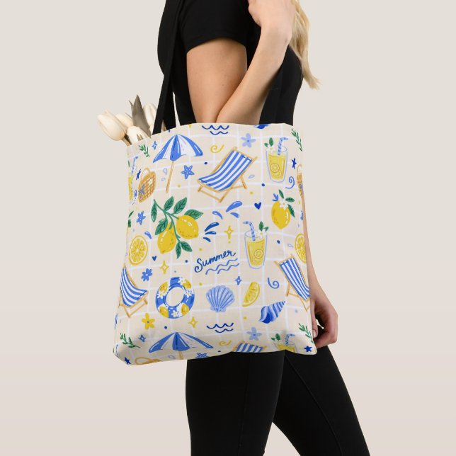 Italian Summer Lemon Beach Pattern Tote Bag (Close Up)