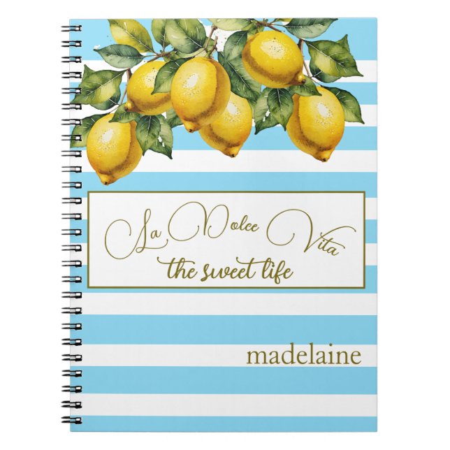 Italian Summer Lemon Botanical Blue White Stripe  Notebook (Front)