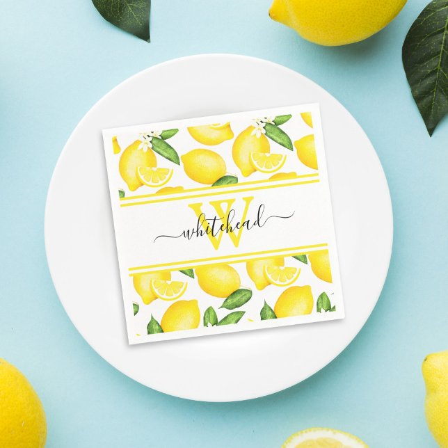 Italian Summer Lemon Citrus Pattern Monogram Napkin (Creator Uploaded)