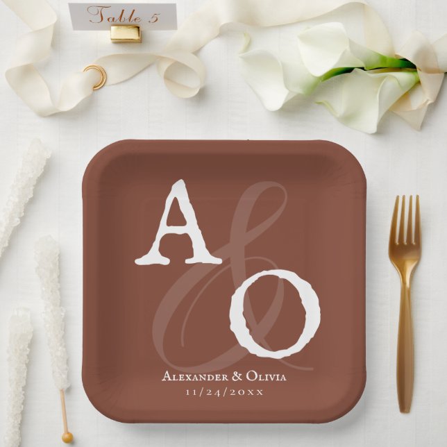 Italian Sunset Orange Minimalist Monogram Wedding Paper Plate (Wedding)