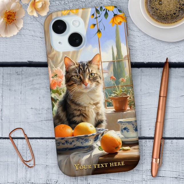 Italian Tabby Cat Fine Art Phone Case (Phone case featuring a Mediterranean style painting of a cute cat on a kitchen counter in Italy)