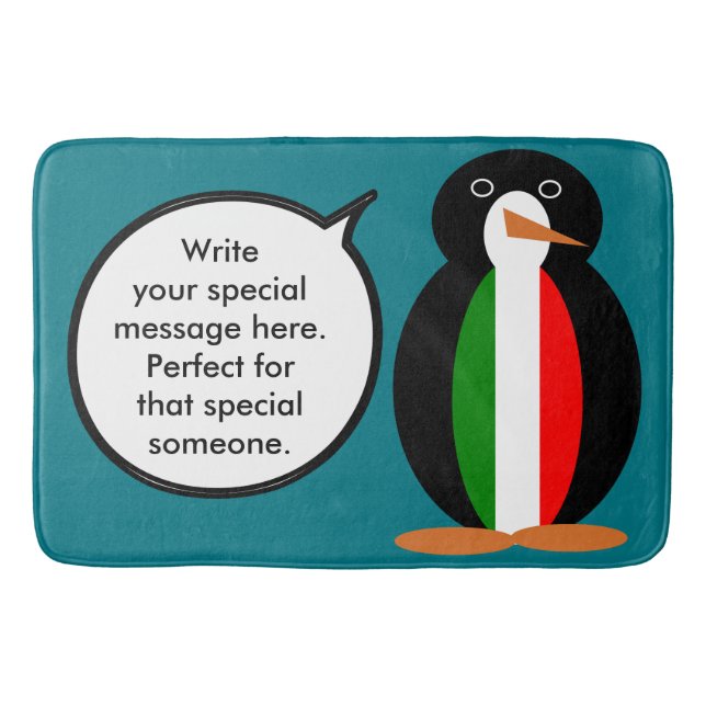 Italian Talking Ms Penguin Personalised  Bath Mat (Front)