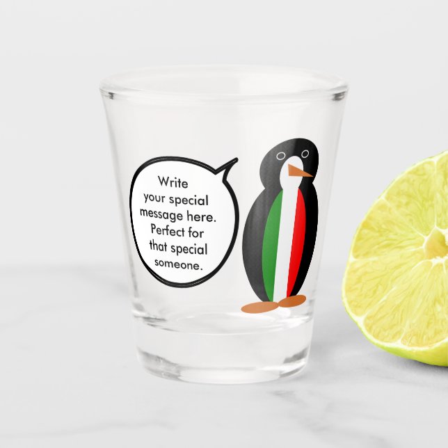 Italian Talking Ms Penguin Personalised  Shot Glass (Front)