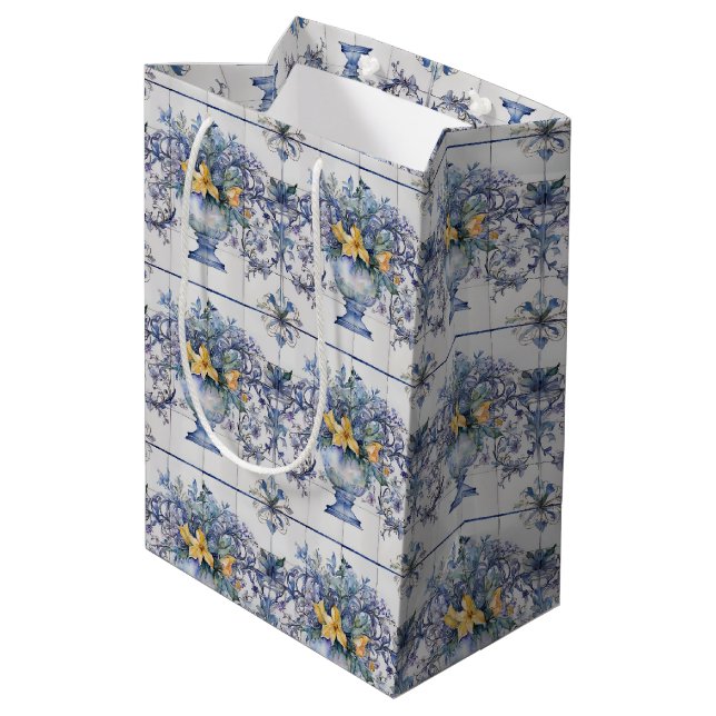 Italian Tile Blue and White Floral Bridal Shower Medium Gift Bag (Back Angled)