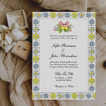 Italian tile border with Lemons & Bow  Wedding   Invitation<br><div class="desc">Capture the charm of a Mediterranean Christmas wedding with this stunning watercolor wedding invitation. Featuring lemons tied with red bow and framed by hand painted blue and yellow Italian tiles,  this design evokes a sense of timeless elegance and festive joy.</div>