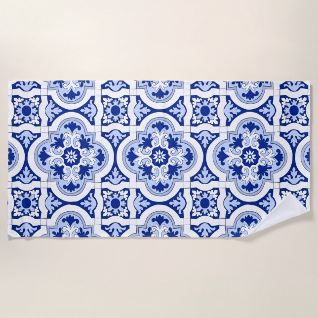 Italian tiles,majolica,blue and white pattern   beach towel (Front)