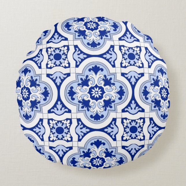 Italian tiles,majolica,blue and white pattern     round cushion (Front)