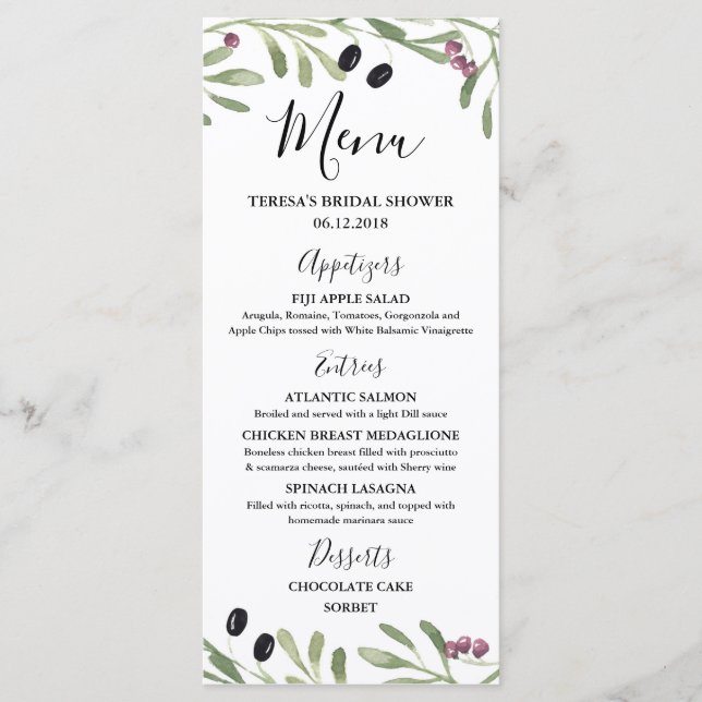 Italian Tuscan Greek Bridal Shower, Wedding Menu (Front)