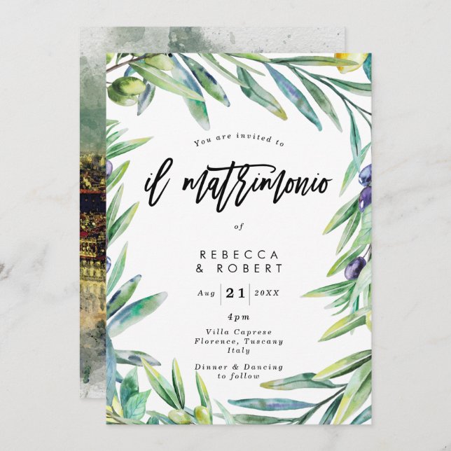 Italian Tuscany olives modern wedding invitation (Front/Back)
