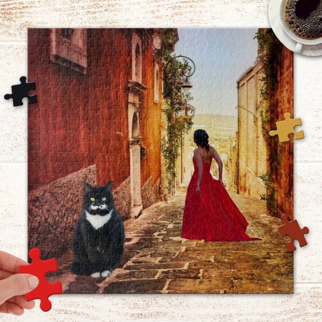Italian Tuxedo Cat Fine Art Painting Puzzle (Puzzle featuring a painting of an Italian village with a lady in red and a cute big tuxedo cat)