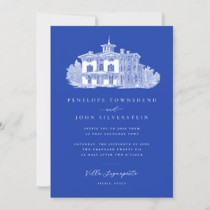 Italian Villa Illustration Chic Blue Wedding Invitation