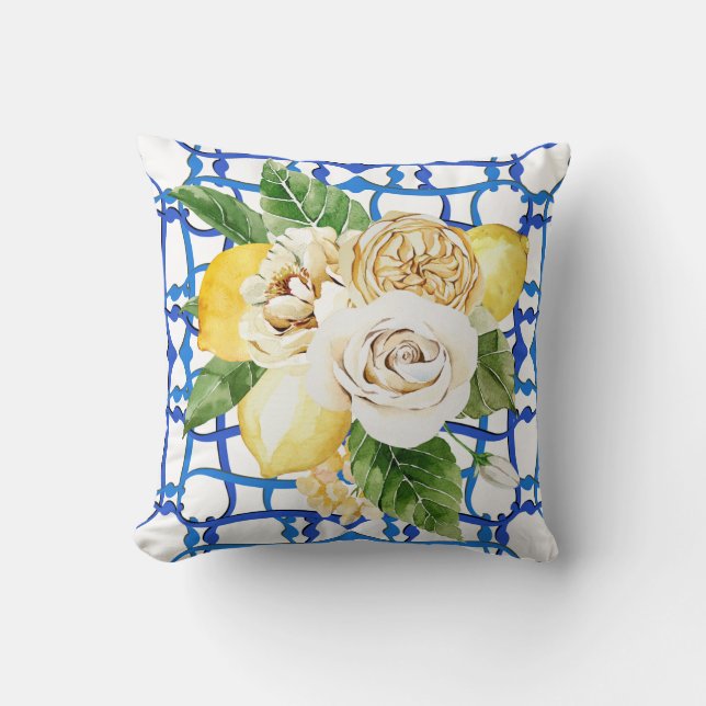 Italian villa lemon and roses blue tile cushion (Front)
