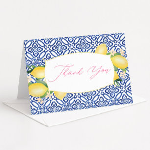 Italian Watercolor Lemons Blue White Tiles Pattern Thank You Card