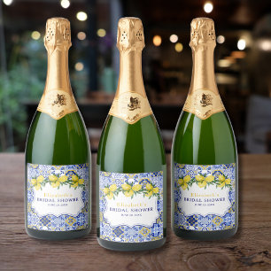 Italian watercolor tiles with lemon, Bridal Shower Sparkling Wine Label