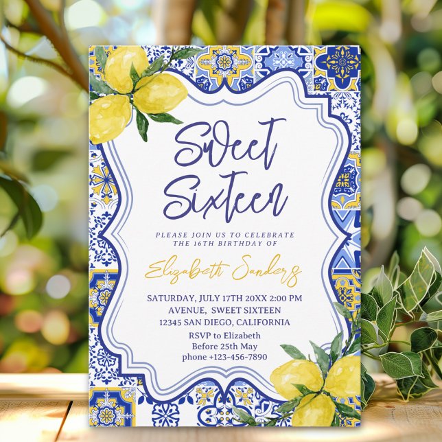  Italian watercolor tiles with lemon Sweet Sixteen Invitation (Creator Uploaded)