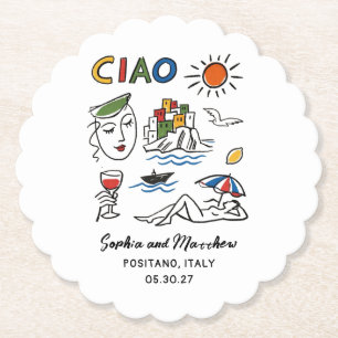 Italian Wedding Hand Drawn Amalfi Coast Modern  Paper Coaster