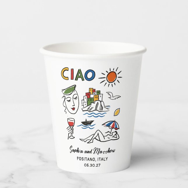 Italian Wedding Whimsical Hand Drawn Amalfi Coast  Paper Cups (Front)