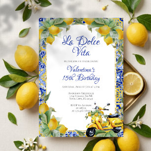 Italian Yellow Scooter Lemons & Blue Tile Birthday Invitation